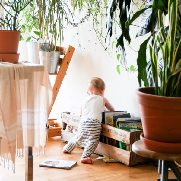 toddler leaning into a bookshelf