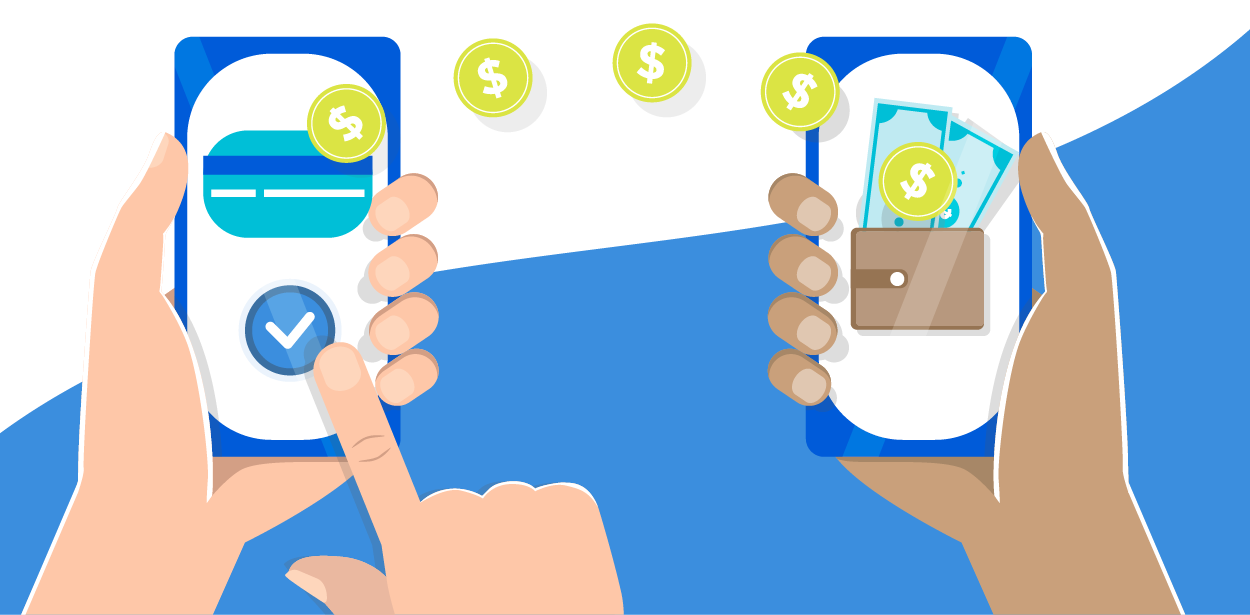 Two mobile phones with dollar signs sending money from one phone to the other.